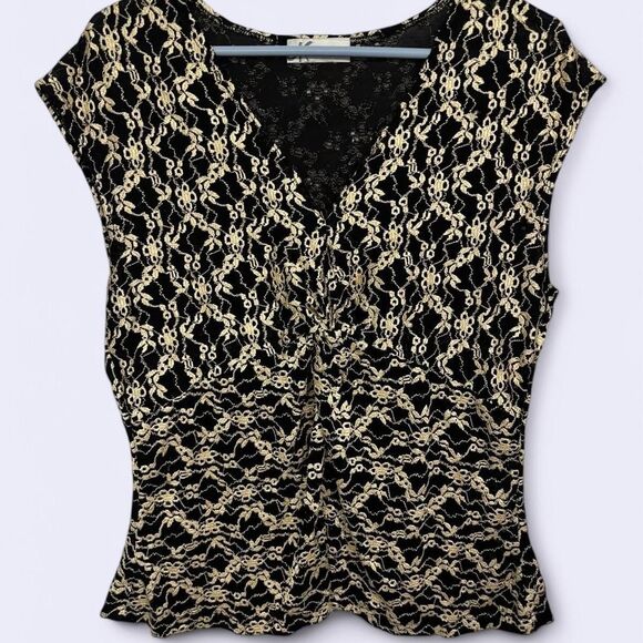 dressbarn Tops - Vintage 90s Y2K style Romantic Gothic Brocade Lace Blouse - Black Gold | Size S